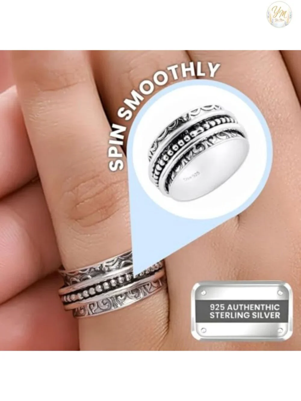 925 Sterling Silver Spinner Fidget Ring, Boho Design, Stacking Ring for Women